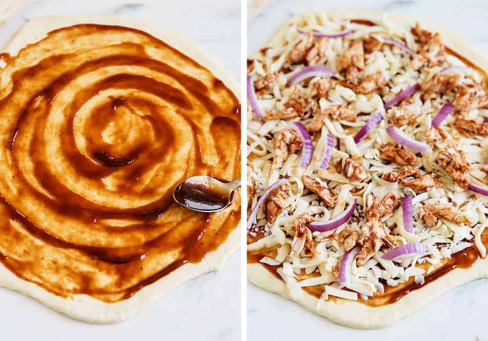 Adding toppings to bbq chicken pizza.
