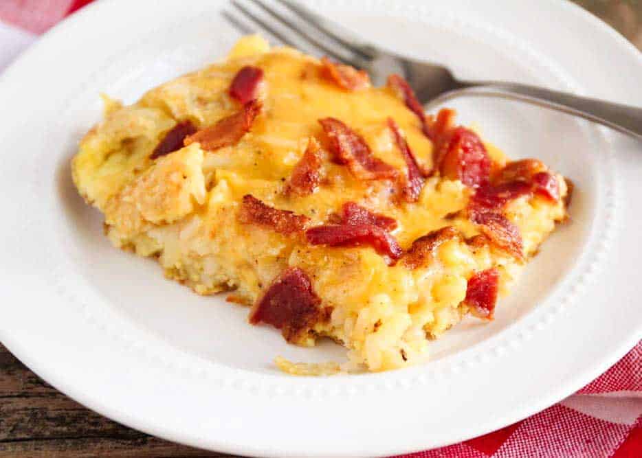 Breakfast skillet recipe on a white plate.