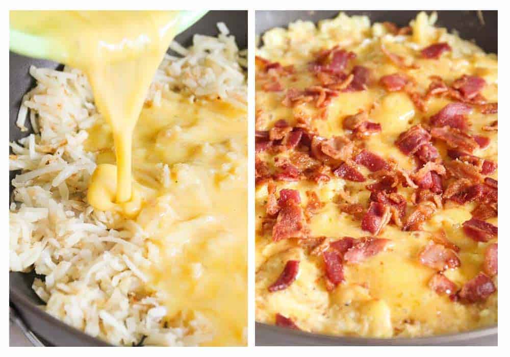 How to make a breakfast skillet in a two step photo collage. 