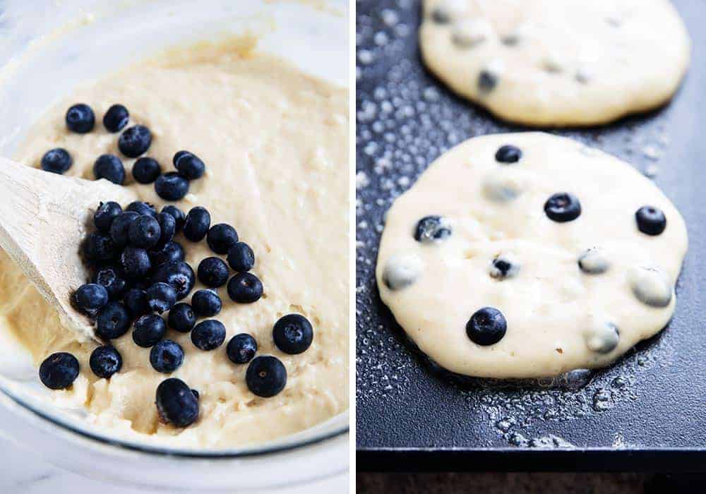 Mixing blueberry pancake batter in bowl.