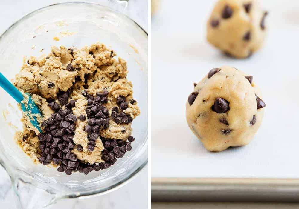 forming brown butter cookie dough into balls 