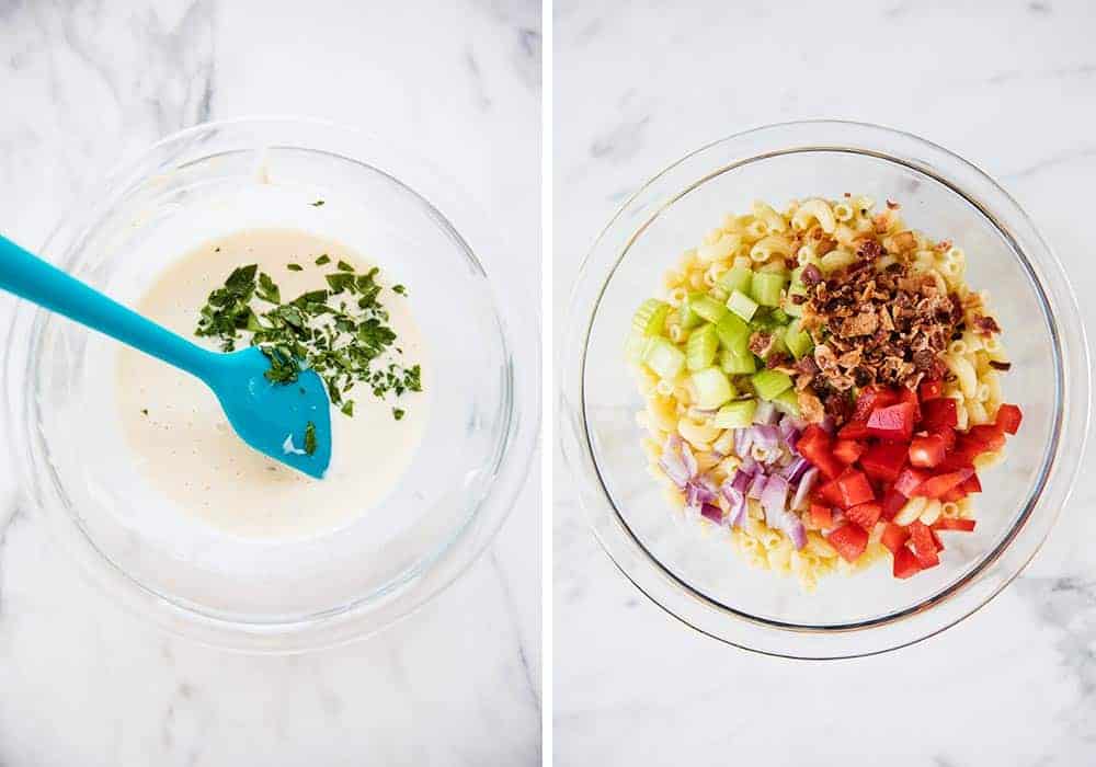 Making dressing for macaroni salad.