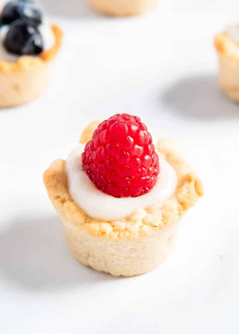 Close up of a mini fruit tart.