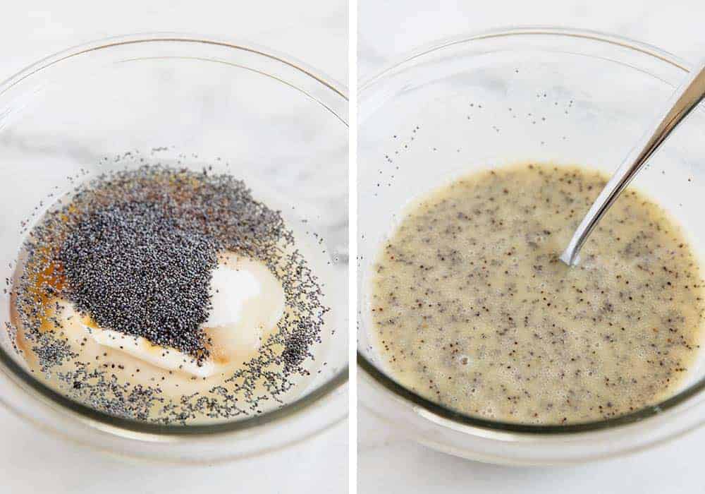 Mixing poppy seed dressing in glass bowl.