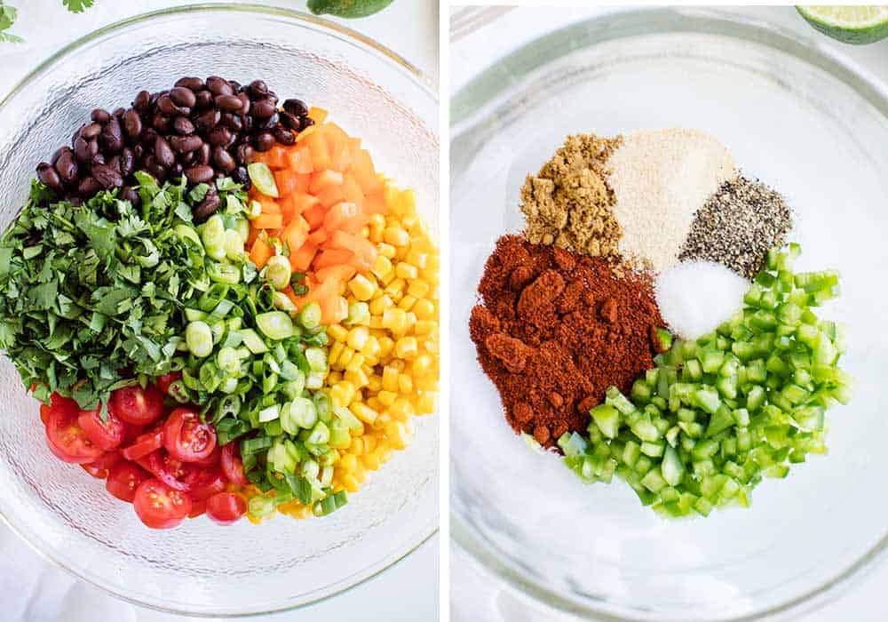 Quinoa salad ingredients in bowls.