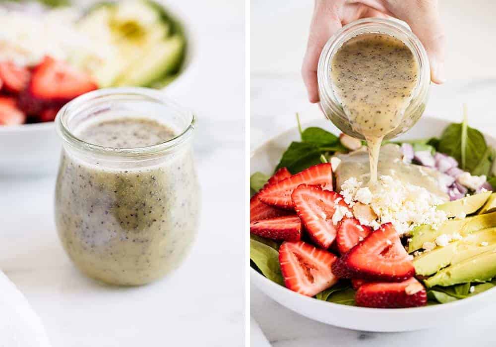 Pouring poppy seed dressing over salad.