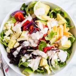 chicken taco salad in a white bowl