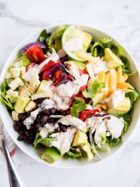chicken taco salad in a white bowl