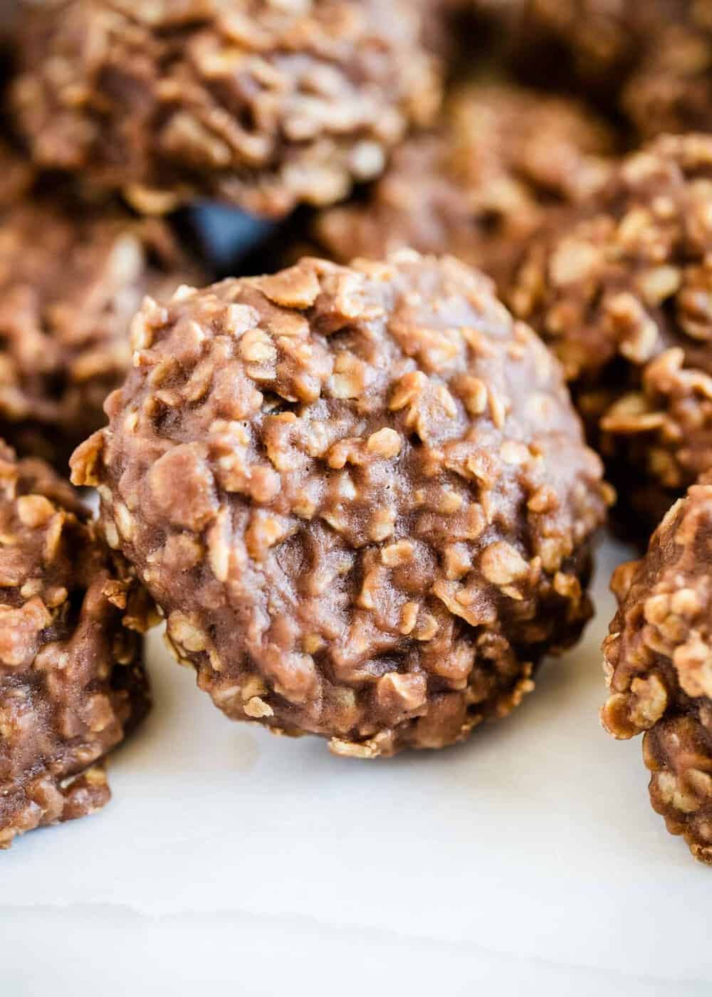 Chocolate no bake cookies stacked.