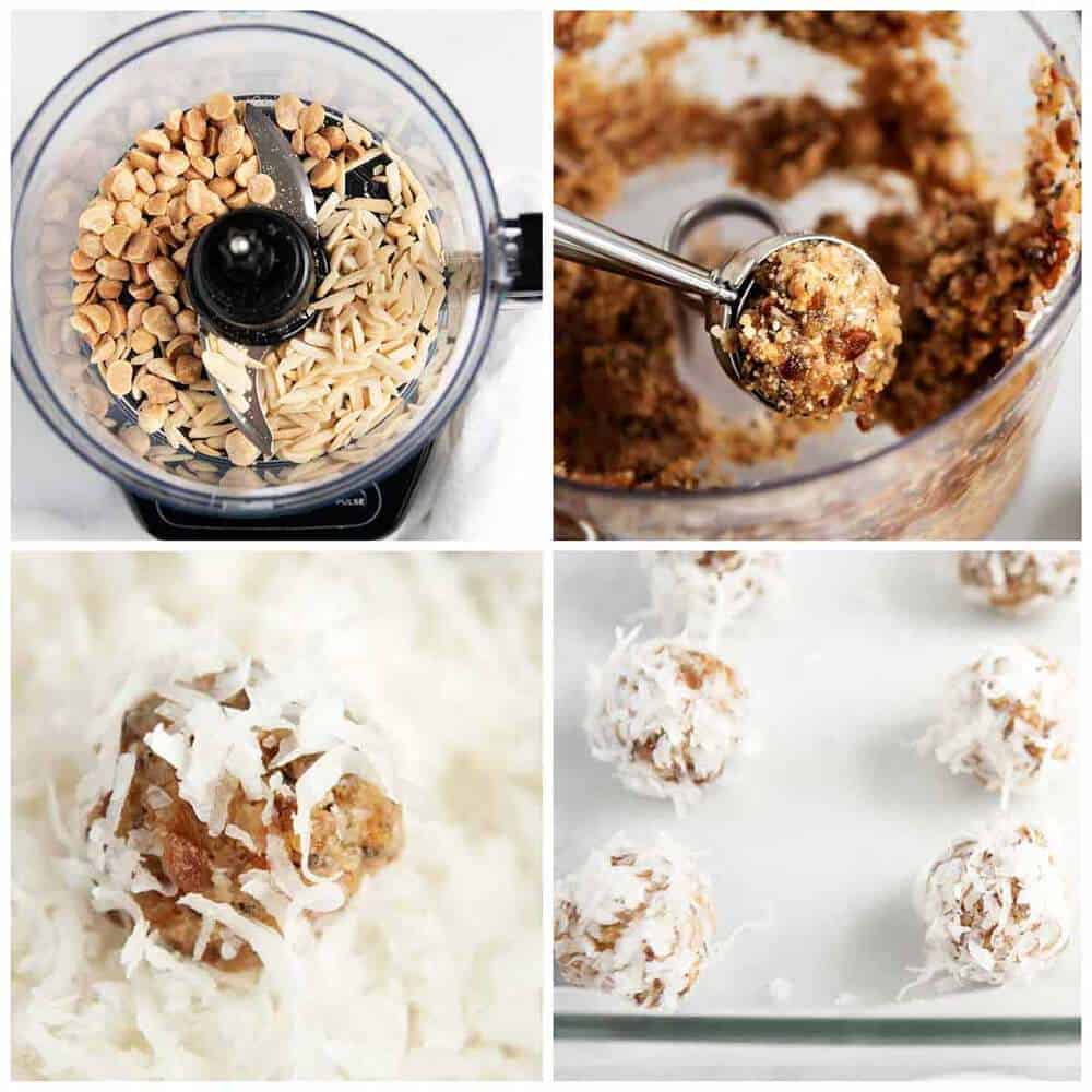 Step by step process shots of how to make coconut energy balls.
