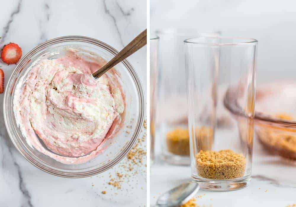 Making strawberry mousse in a bowl.