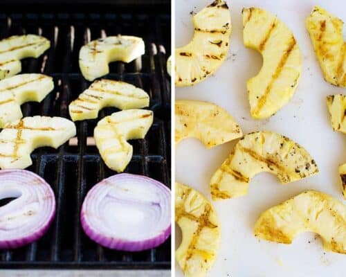 pineapple and onion slices on the grill