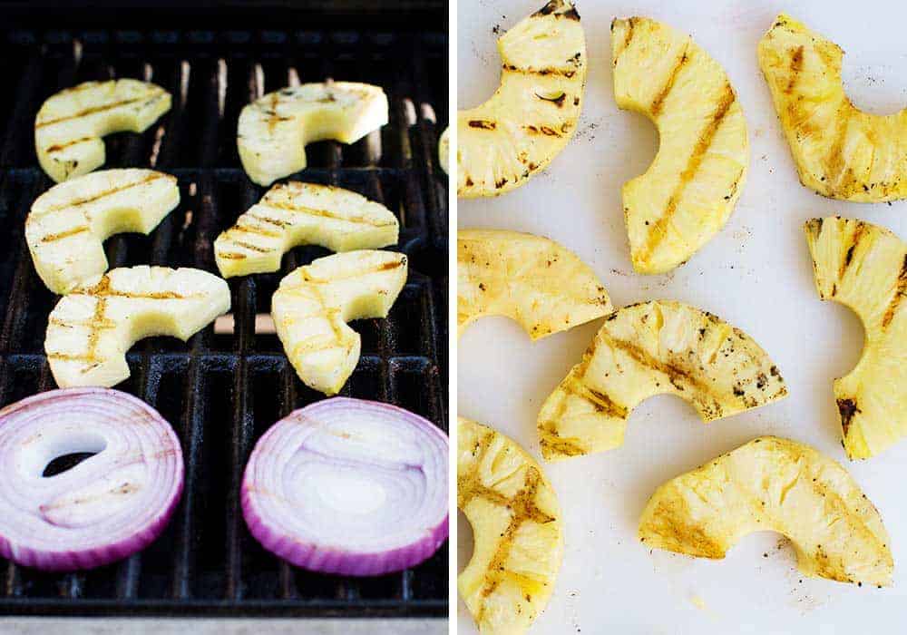 Pineapple and onion slices on the grill.