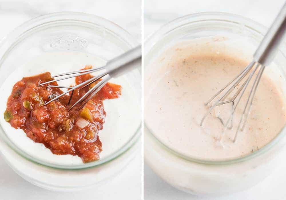 Salsa ranch being whisked together in a glass bowl.