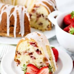 strawberry bundt cake on white plate