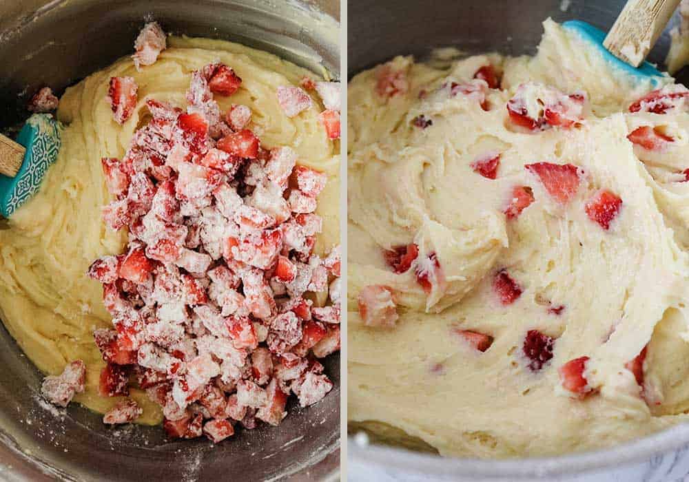 Folding fresh strawberries into cake batter with spatula.