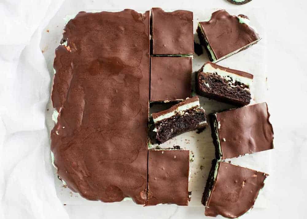 Cutting mint brownies.