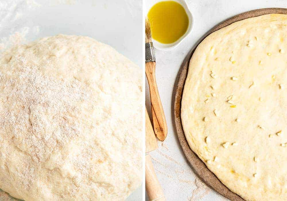 Spreading olive oil and minced garlic on top of whole wheat pizza dough.