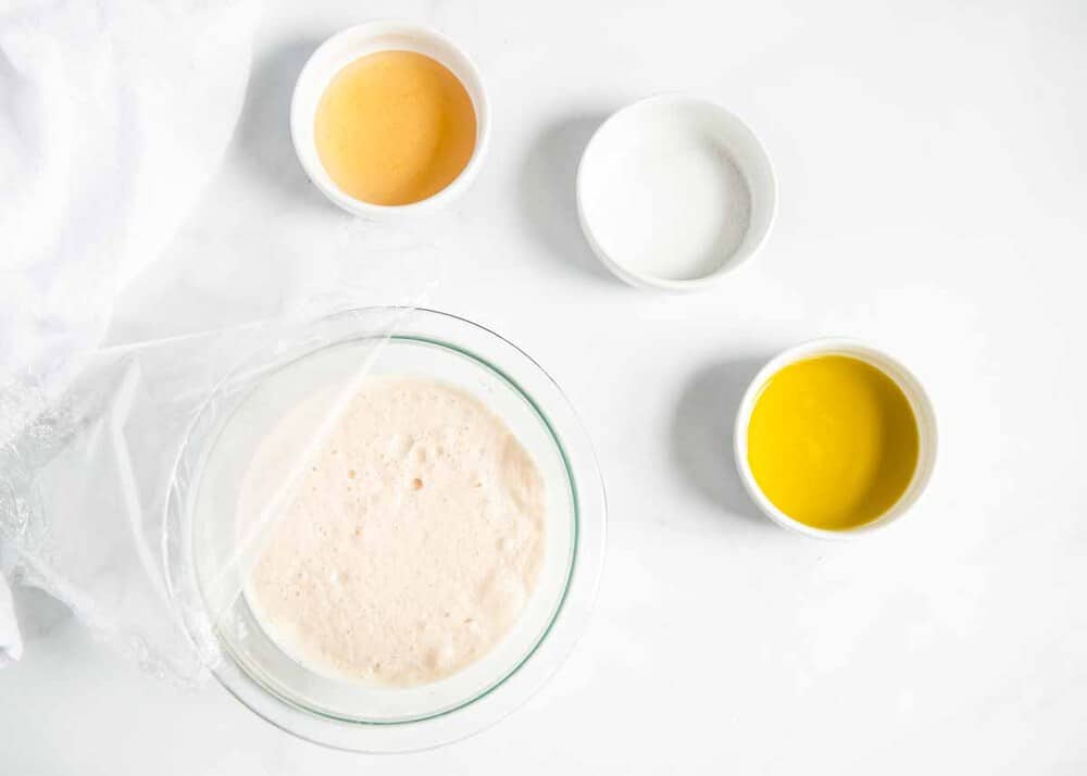 Yeast rising in bowl for pizza dough.