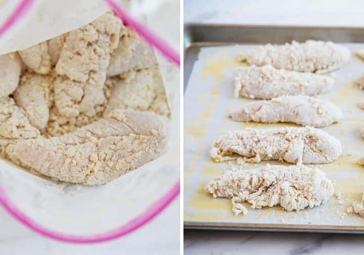 breaded chicken tenders ready to bake on pan