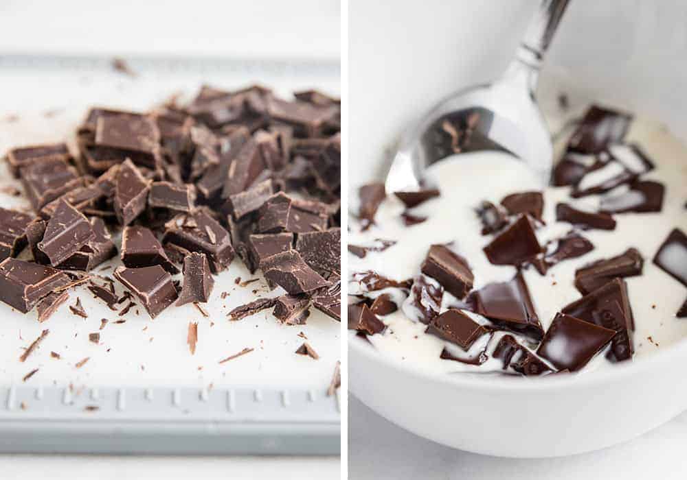 Making chocolate ganache in white bowl.