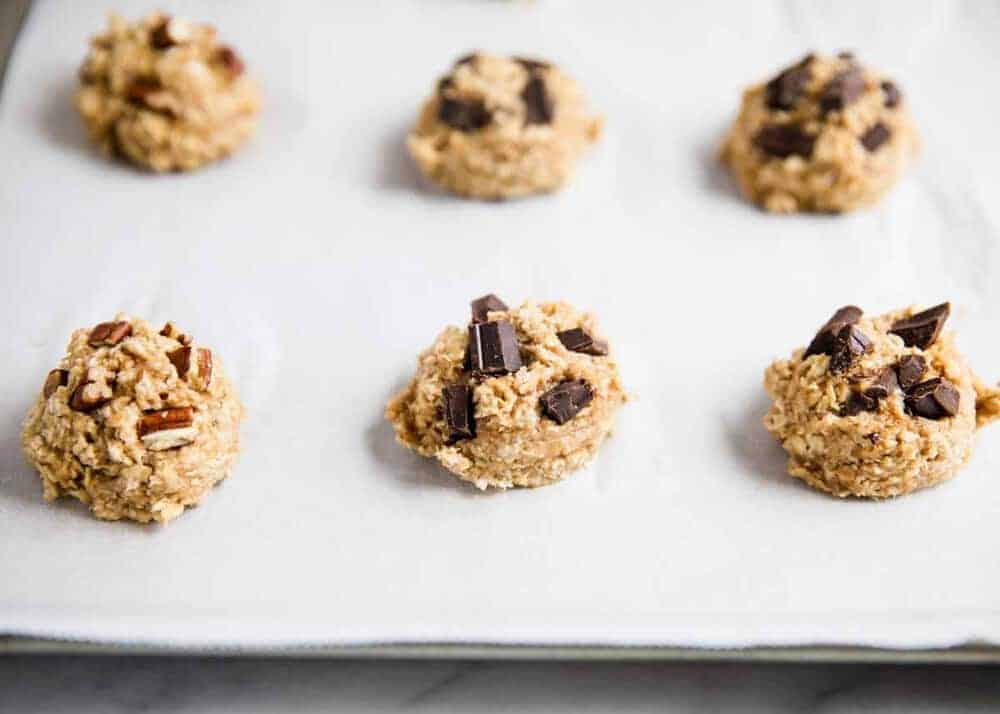 Healthy oatmeal cookies on baking sheet.