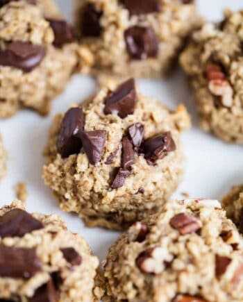 A close up of a healthy oatmeal cookie with chocolate chunks