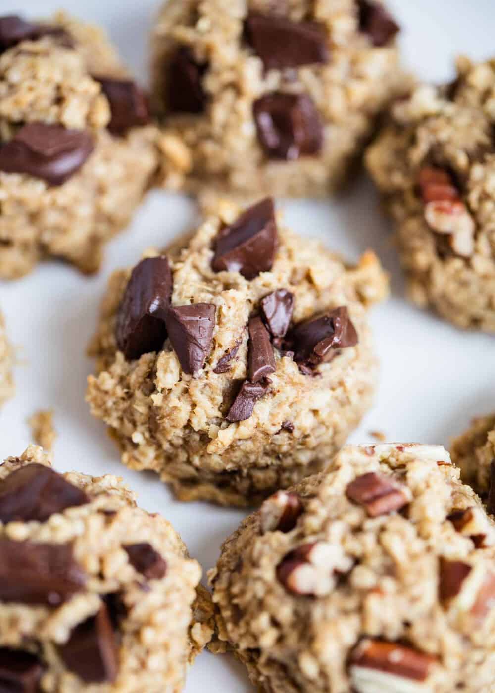 A close up of a healthy oatmeal cookie with chocolate chunks.