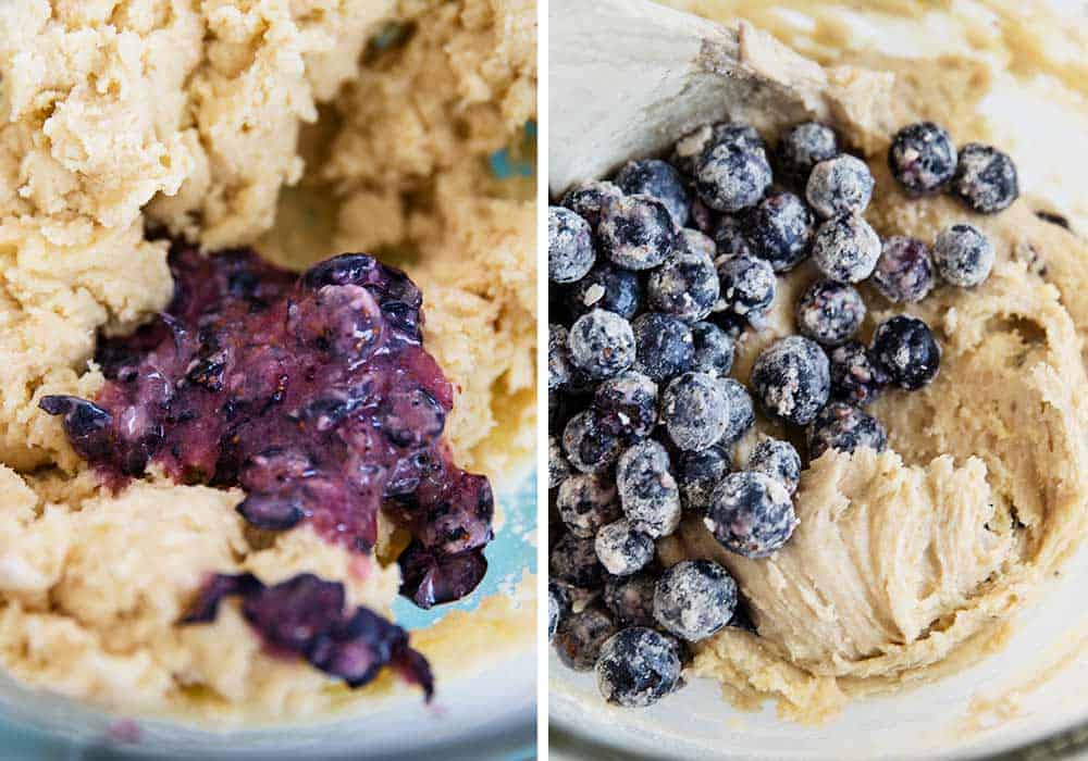Folding blueberries into blueberry muffin batter.
