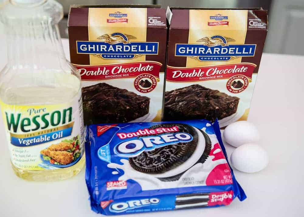 Ingredients for Oreo brownies on counter.