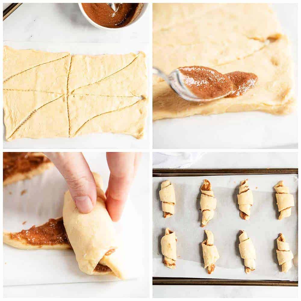 Making cinnamon crescent rolls in a four step photo collage.