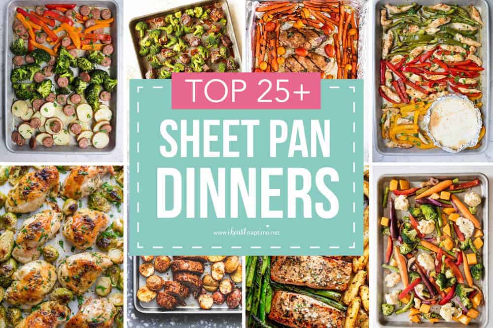 Collage of sheet pan dinners.