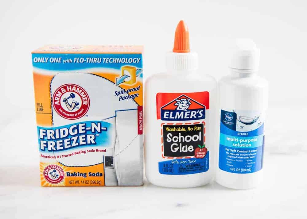Slime ingredients: baking soda, elmer's school glue and saline solution.