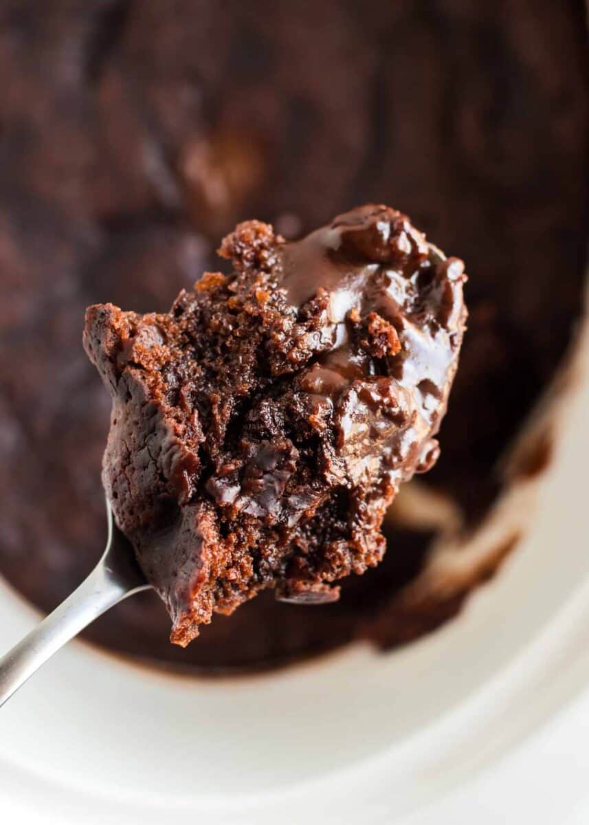 Spoonful of chocolate lava cake.