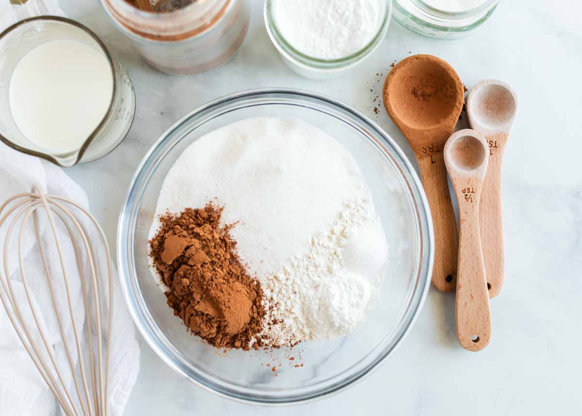 Slow cooker chocolate lava cake ingredients on counter. 