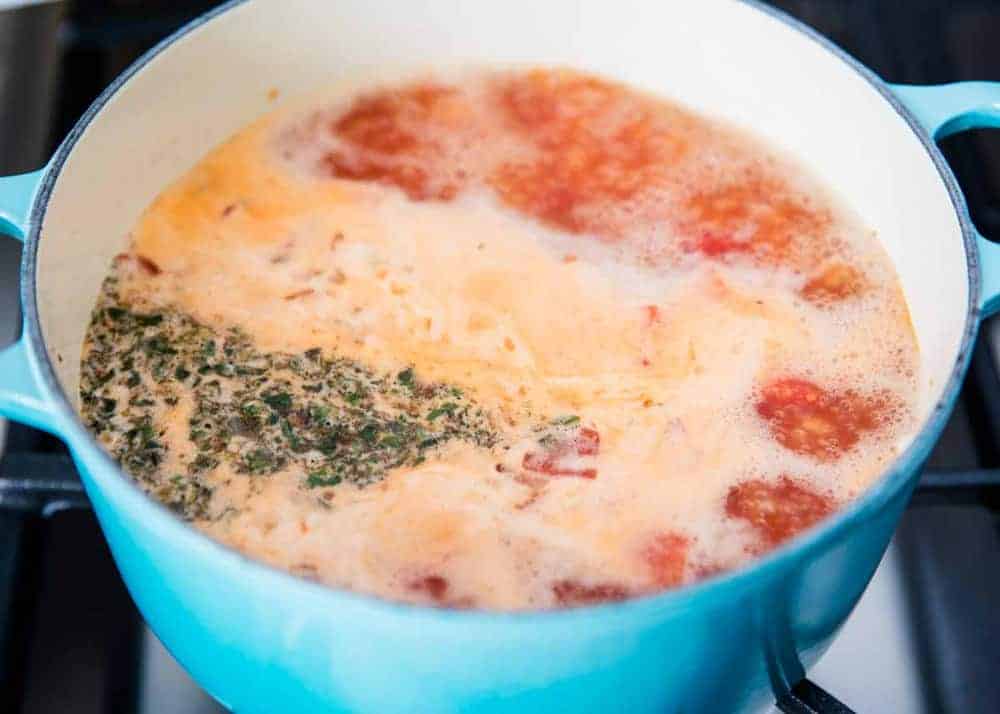 cooking diced tomatoes, spices and broth for tomato soup in a large blue pot 