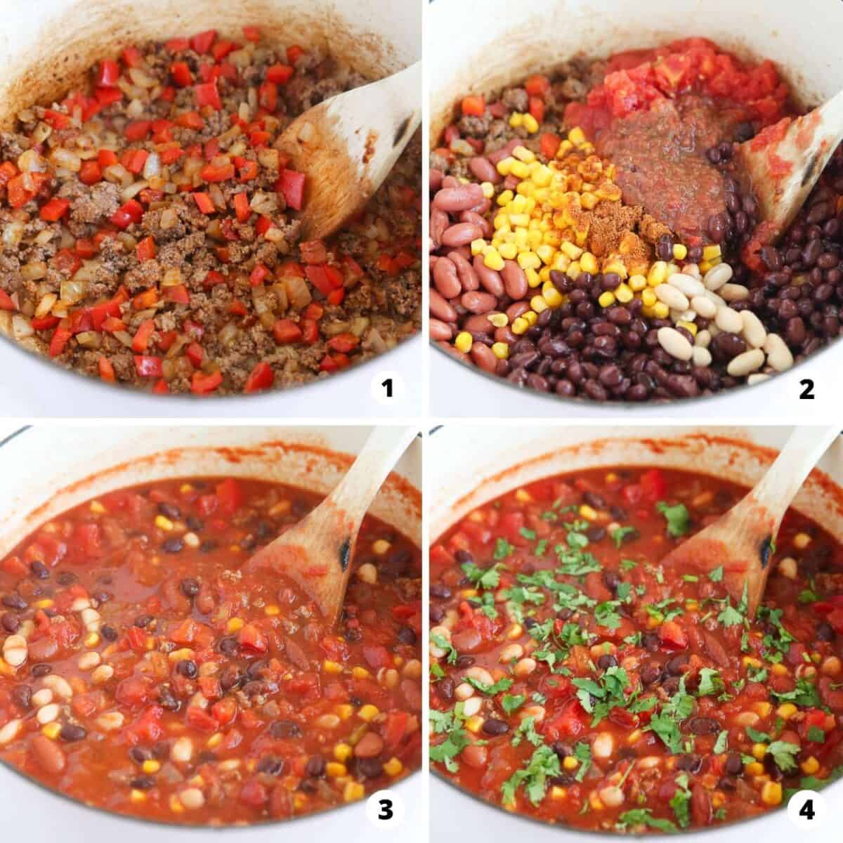 The process of making taco soup in a 4 step collage. 