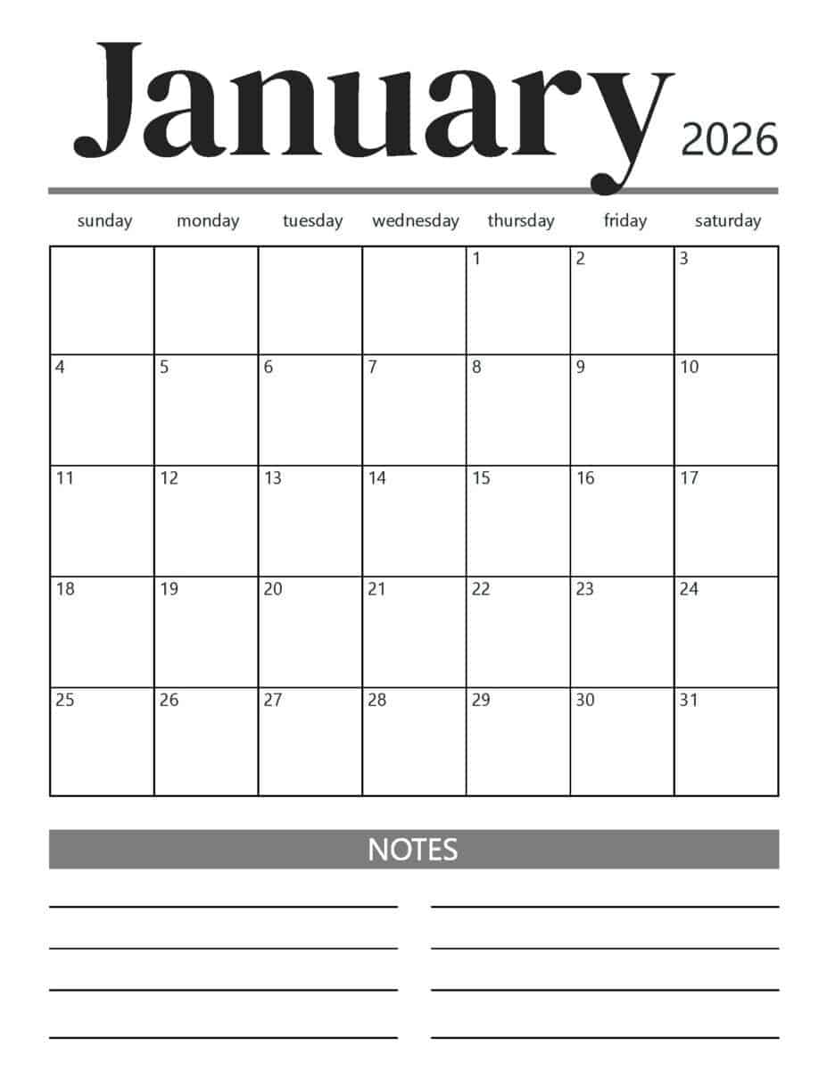 I Heart Naptime printable calendar January 2026 in black and white.
