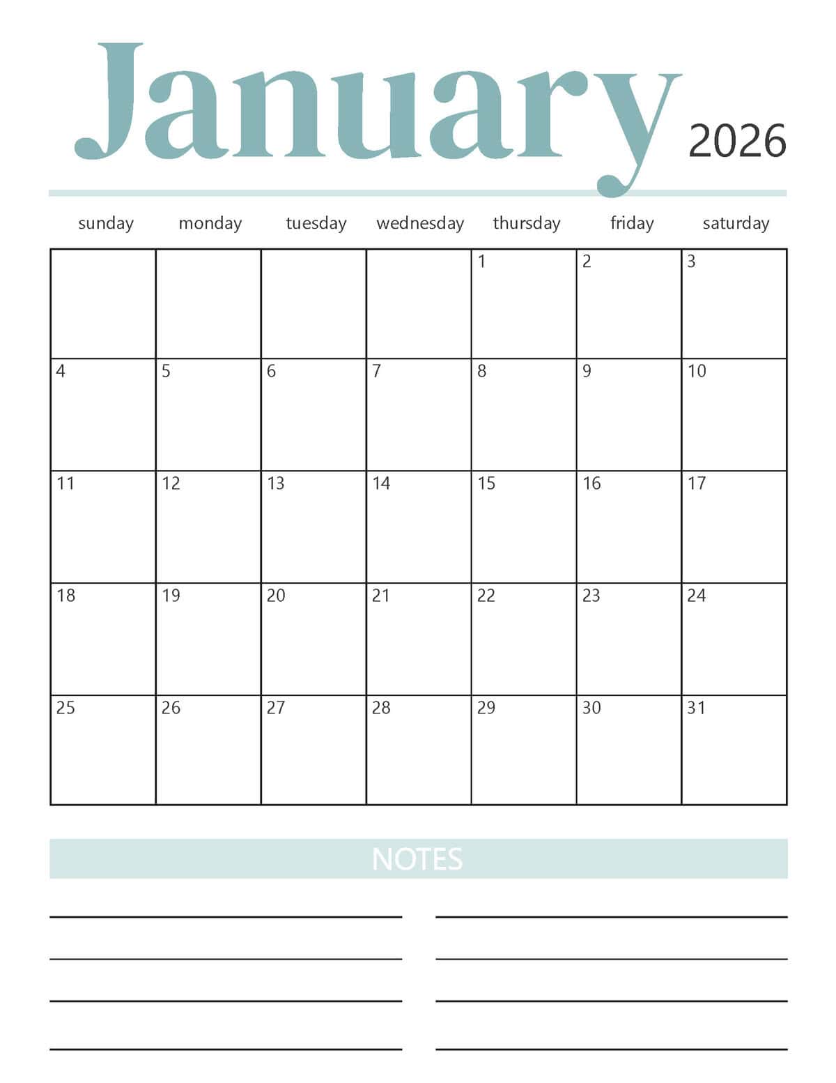 I Heart Naptime printable calendar January 2026 in color.