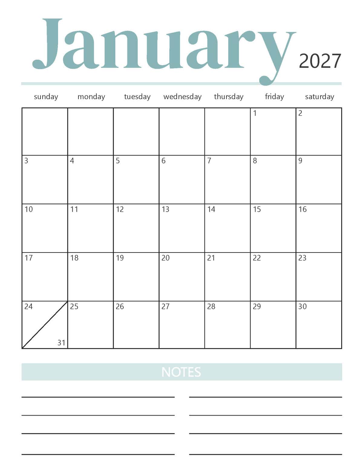 I Heart Naptime 2027 printable calendar in color.