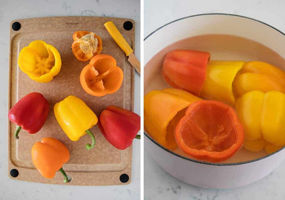 Cutting and boiling bell peppers.