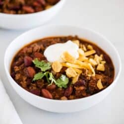 homemade chili in a white bowl