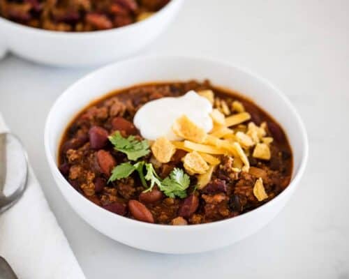 homemade chili in a white bowl