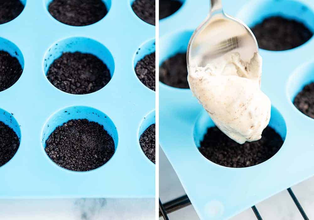 Adding cookies and cream cheesecake filling on top of Oreo crusts in mini muffin pan.