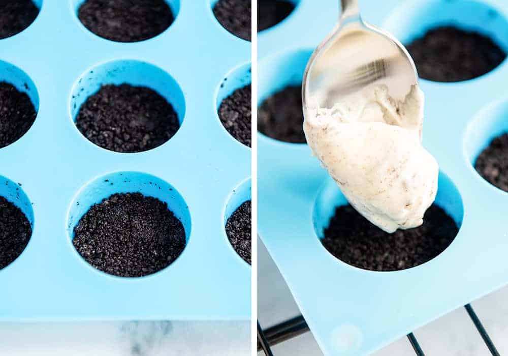 Adding cookies and cream cheesecake filling on top of Oreo crusts in mini muffin pan.