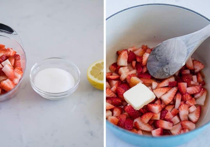 making strawberry sauce for crepes 