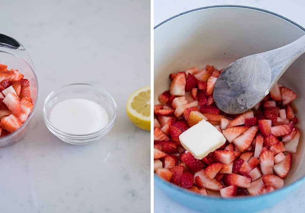Making strawberry sauce for crepes.