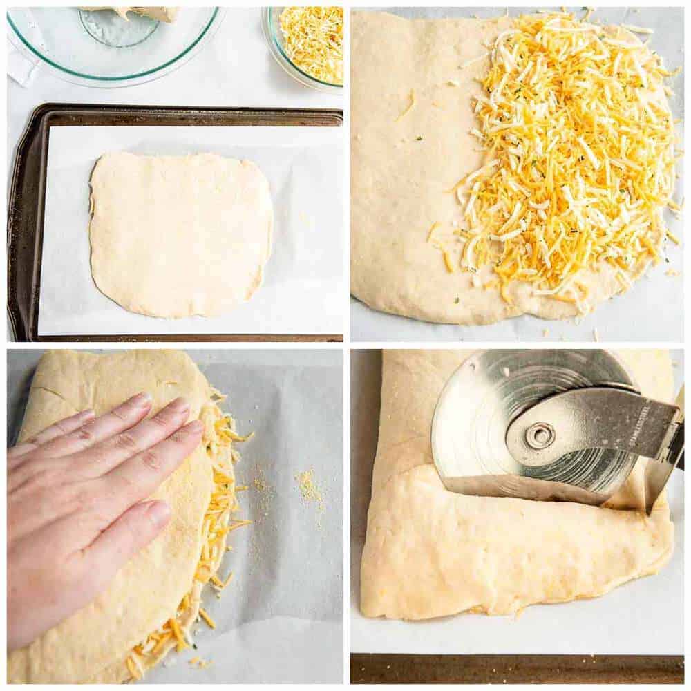 Assembling stuffed cheesy bread.