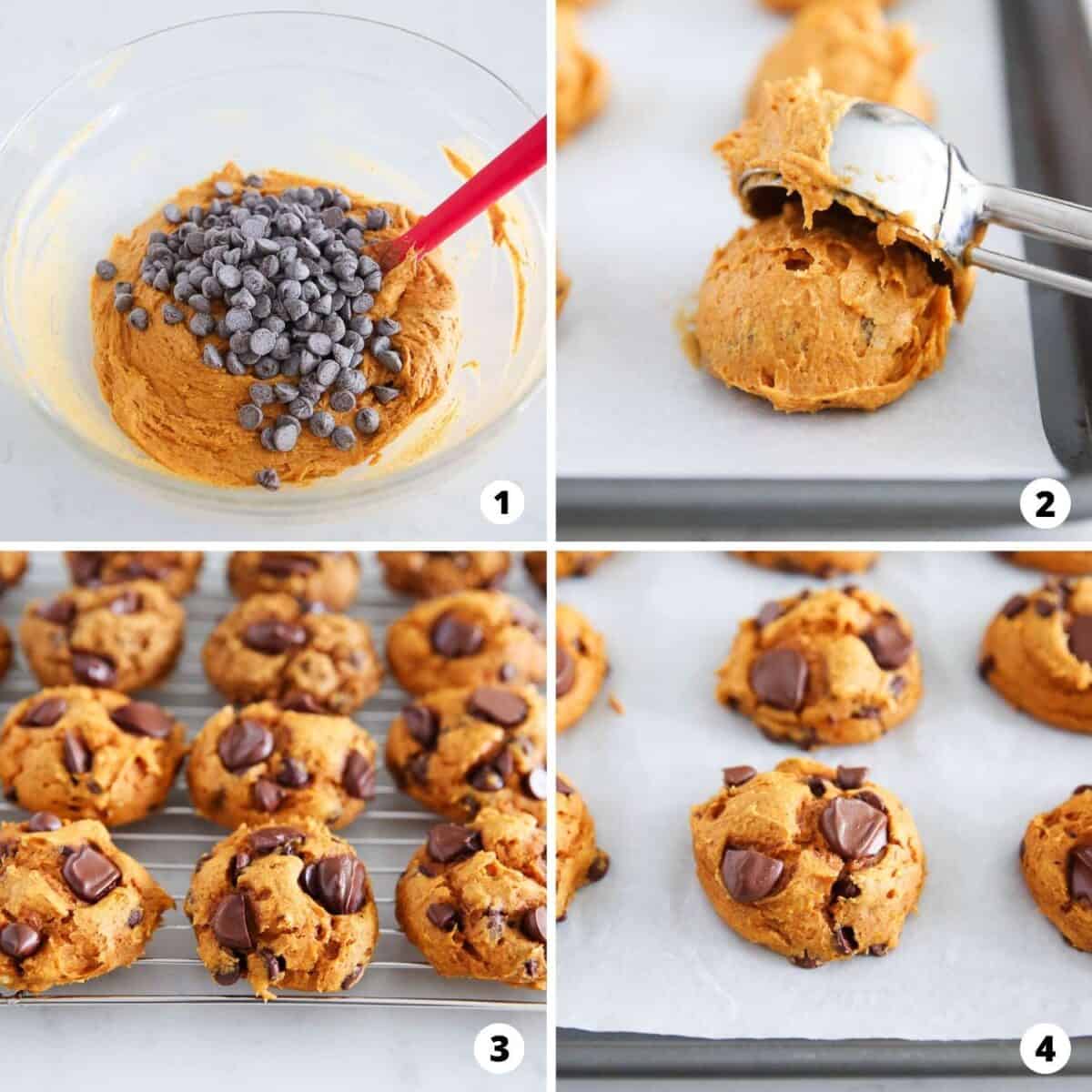 Step by step collage making pumpkin cake mix cookies.