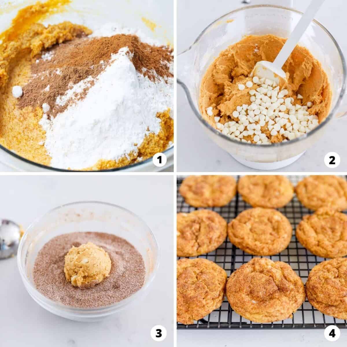 The process of making chocolate chip pumpkin snickerdoodle cookies in a four step photo collage.